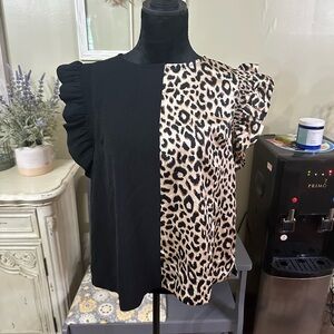 Jodifl Leopard Print and Black Ruffle Sleeve Top